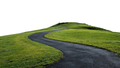 Winding paved path curves through a lush green hill under a black sky