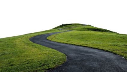 Winding paved path curves through a lush green hill under a black sky
