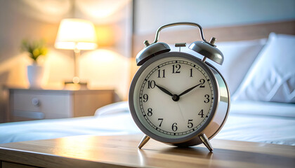 Naklejka premium Vintage Alarm Clock on Bedside Table - Time and Wake-Up Concept.