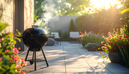 Outdoor barbecue scene with grill and patio setting.
