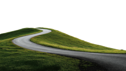 Winding asphalt road curves over a grassy hill against black sky