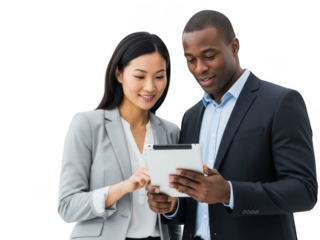 Diverse business professionals collaborating with tablet technology