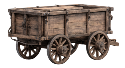 Aged wooden cart with four spoked wheels and metal accents, detailed texture