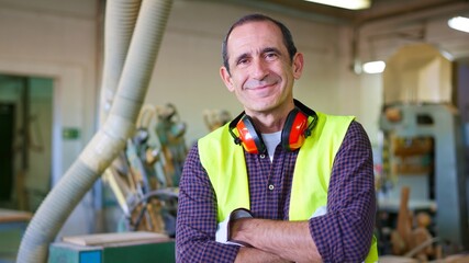 Smiling experienced carpenter worker with folded arms