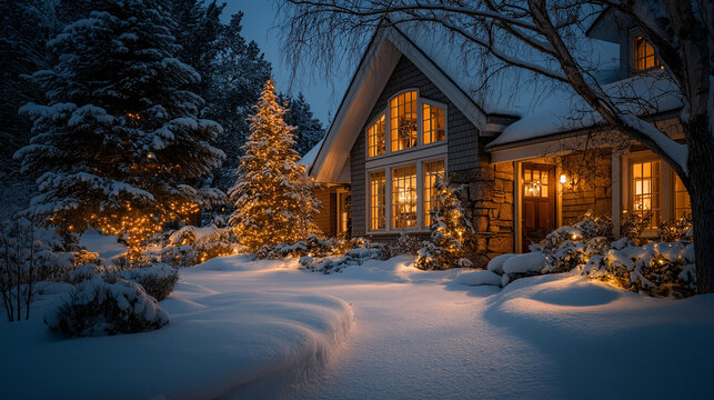 Winter Haven: A serene snow-covered property is softly illuminated at dusk, showcasing a warm, inviting dwelling embraced by a peaceful winter night.
