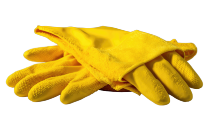 Bright yellow rubber gloves lay crossed against a dark background