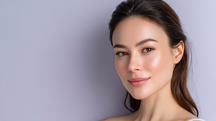 Natural Elegance of a Young Woman with Smooth Skin Posing in Front of a Soft Purple Background, Showcasing Timeless Beauty and Confidence