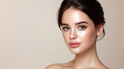 Obraz premium Beautiful young woman with natural makeup and glowing skin against a soft neutral background, showcasing beauty and freshness in a portrait style