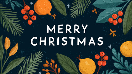 Fototapeta premium Festive cheer: a Christmas card design, a visual delight that encapsulates the spirit of the season. Featuring 'Merry Christmas' in the center, encircled by elegant, festive elements. 