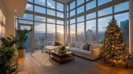 Fototapeta premium Luxurious Urban Oasis with a Christmas: A modern, open-plan living room with expansive floor-to-ceiling windows offers breathtaking views of the cityscape. A large.