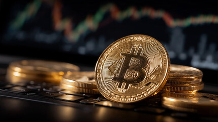Bitcoin’s Digital Presence: A close-up shot of gold bitcoin coins with blurred stock chart in background, the digital currency symbolizes the future of finance and investment