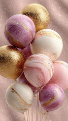 Elegant pastel marble balloons with shimmering metallic accents arranged in a soft festive scene creating a glamorous decorative mood perfect for parties holidays and new year visuals