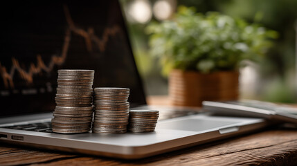 Financial Growth and Investment: Stacked coins sit on a laptop alongside a growing plant and a chart, symbolizing financial growth and successful investment.