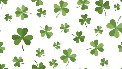 A vibrant and cheerful St. Patrick's Day background featuring a seamless pattern of green shamrocks on a crisp white backdrop, perfect for festive designs and celebrations