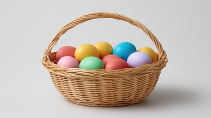 Naklejka premium Colorful Easter eggs in a wicker basket on a light background, perfect for spring celebrations and festive decorations for various occasions