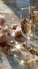 Elegant sparkling champagne glasses on marble with delicate florals soft glowing reflections and festive highlights creating a romantic luxurious holiday celebration moment