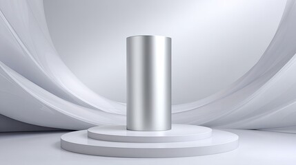 A sleek metallic podium stands on a circular platform against a soft white draped background, perfect for showcasing products or awards in a modern setting.