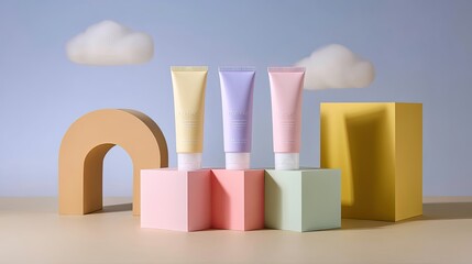 Fototapeta premium Vibrant Collection of Skincare Products Displayed on Geometric Shapes Against a Soft Blue Background with Cloud Elements
