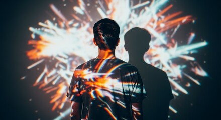 Person standing in front of a vibrant light projection, creating an abstract and dynamic visual experience.