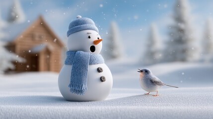 Cute snowman character and robin bird standing on snow ground in winter forest