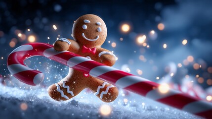 Smiling gingerbread man character riding a giant candy cane on snowy night