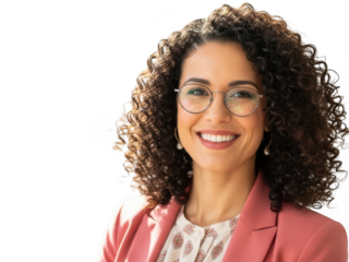Smiling professional woman with curly hair and glasses portrait