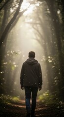 Man Walking Through Sunlit Forest Path.