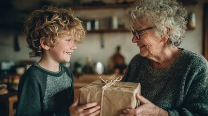A warm, commercial-style scene of a grandson presenting a wrapped gift to his smiling grandmother.