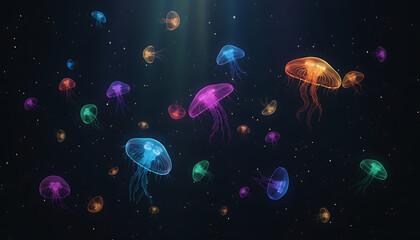 Colorful glowing jelly fish under the dark sea 