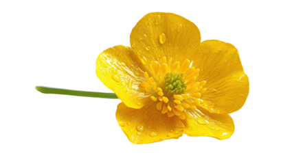 Bright yellow tulip with detailed petals and natural stem captured in high clarity macro view isolated on white background.