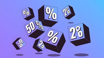Dynamic floating percentage discount cubes plummeting down representing exciting sales and massive financial savings opportunities