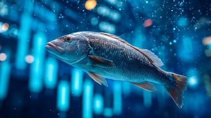 Fototapeta premium Fish swims in blue watery space, abstract lights in background
