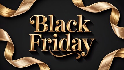 Stunning elegant gold Black Friday typography sale announcement framed by luxurious flowing ribbons on dark background