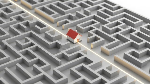 Finding the right path through the complex real estate maze to reach your dream home, symbolizing success and solutions