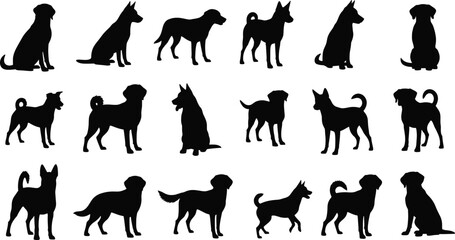 Obraz premium Dog silhouette variety pack—vector of 18 black profiles with breed diversity and sitting, standing, walking poses 