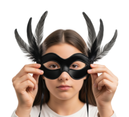 Masked girl holding black feather mask portrait artistic isolated on transparent background