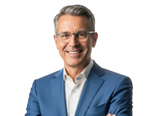 Smiling mature businessman in glasses and blue suit, confident portrait.