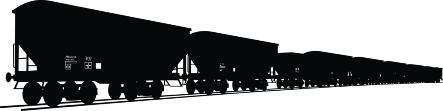 Freight train silhouette&mdash;vector of hopper cars on railway tracks with industrial perspective and bulk transport design