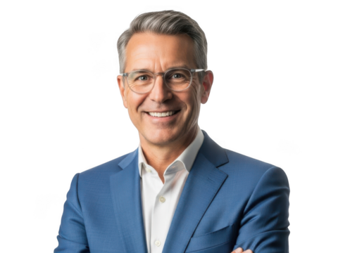 Smiling mature businessman in glasses and blue suit, confident portrait. - Powered by Adobe