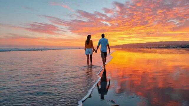 Sunset Stroll: A couple strolls hand-in-hand along the water's edge at sunset, their silhouettes against a vibrant sky of fiery orange and soft pink. Capturing the romance and intimacy.
