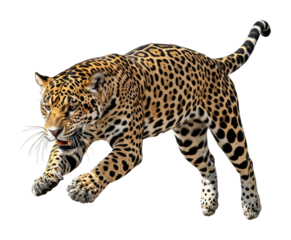 Leaping leopard captured in motion jungle wildlife action isolated on transparent background