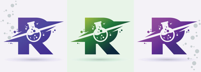 Letter R chemistry beaker swoosh monogram logo science laboratory biotech research brand icon
