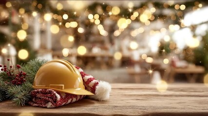 Christmas Construction Safety Helmet on Rustic Wooden Table with Festive Lights - Powered by Adobe
