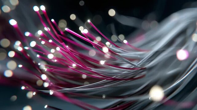 Abstract Fiber Optics Display: Captivating close-up of flowing fiber optics, interlaced and illuminated, create a modern digital artistic vision with bokeh highlights.