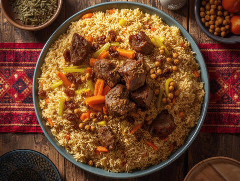 Authentic Uyghur Lamb Polo Rice Platter With Carrots Top View