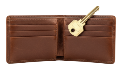 Key inside brown wallet detail isolated on transparent background