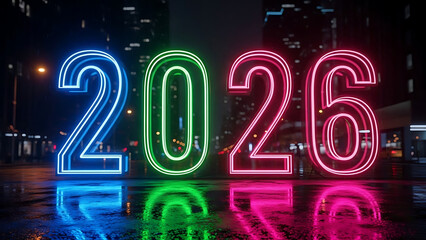Neon 2026 Numbers on Wet City Street at Night