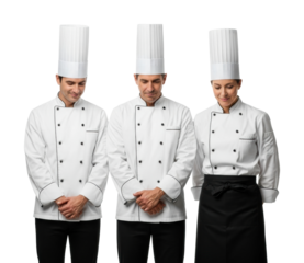 Professional chefs in white uniforms kitchen portrait isolated on transparent background