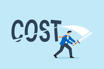 Flat illustration of businessman cutting cost with sword symbolizing expense reduction and financial efficiency