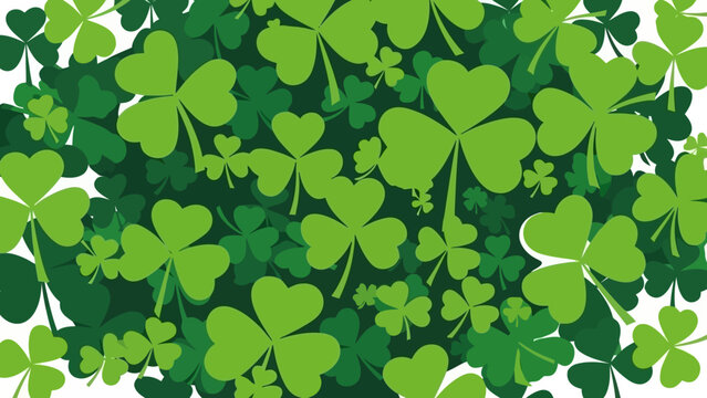 Vibrant green shamrock and clover leaf pattern background, celebrating luck and nature's charm, perfect for festive designs and springtime themes, evoking a sense of joy and good fortune